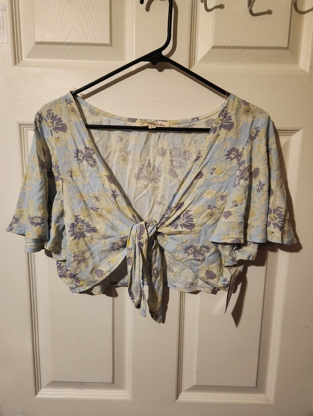 Rewind Blue Floral Tie-Front Crop Top | Sz XL